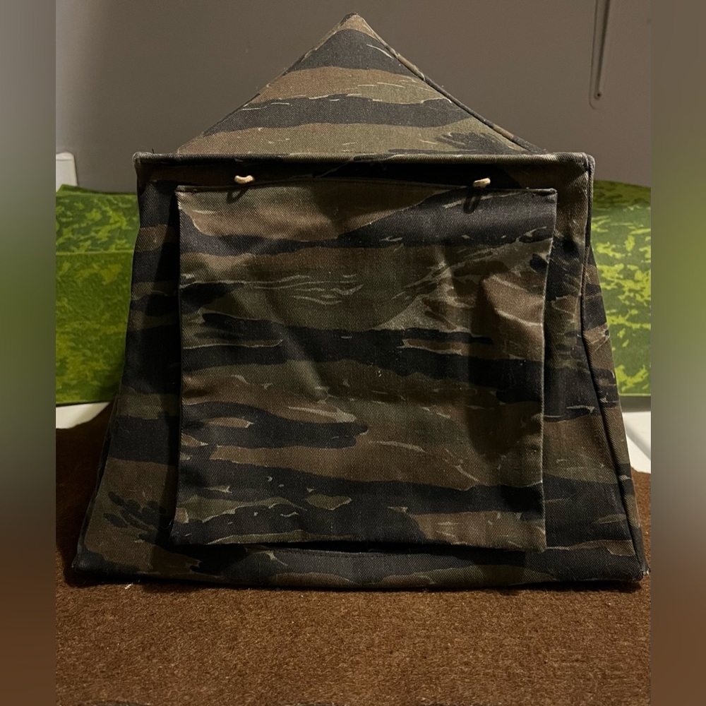 Pop Up Tent, 2 Sleeping Bags, Green Black and Brown Camouflage.
